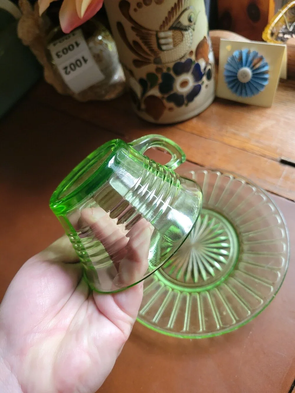 Uranium Glass Vintage Tea Cup Saucer Set Green Depression Glass